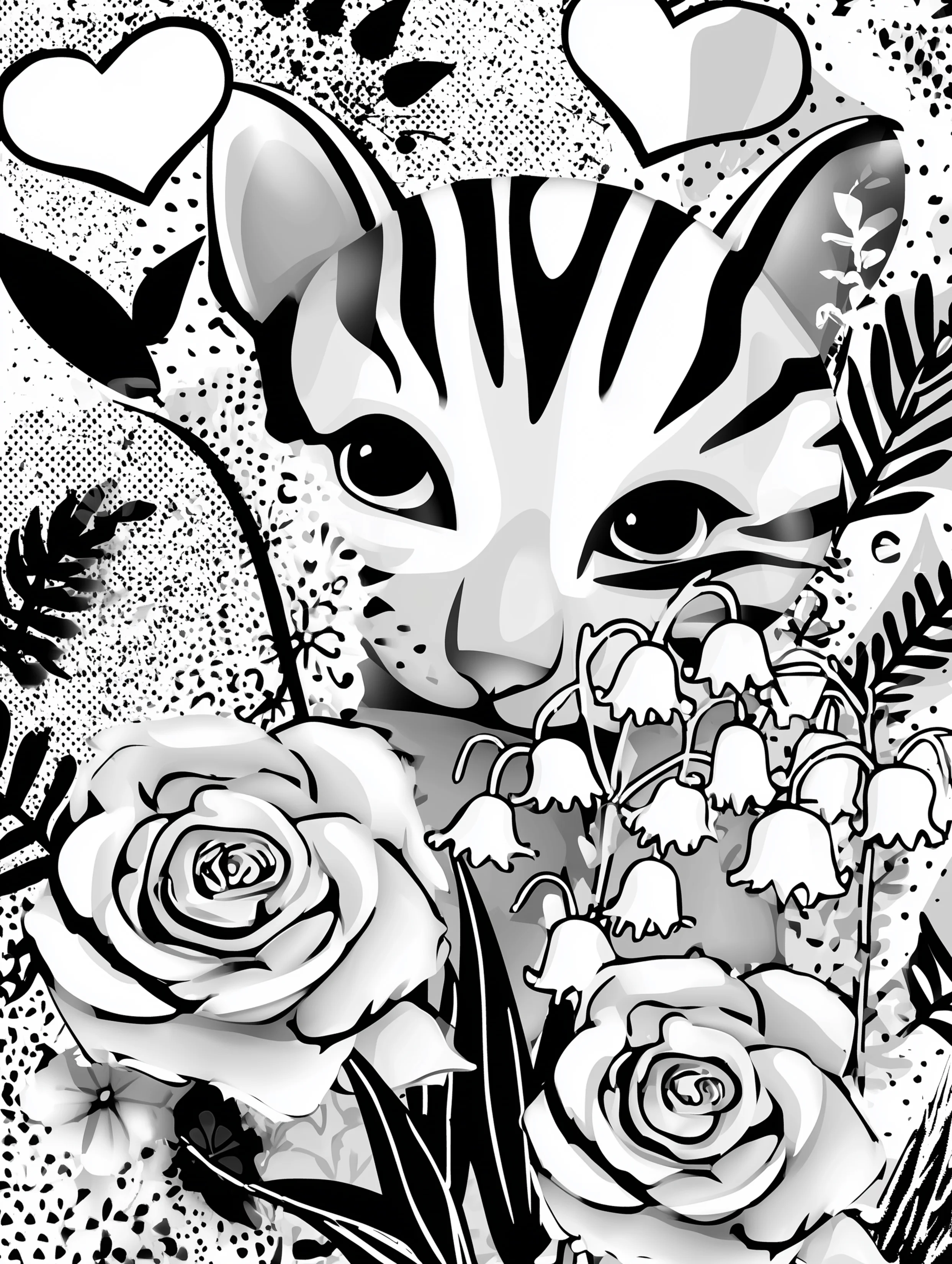 Free printable coloring pages floral featuring a cat behind lily of the valley flowers